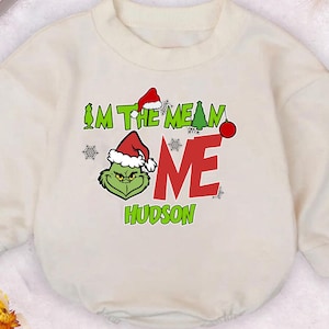Personalized Im The Mean One Grin-ch Christmas Baby Romper, Noel Holiday Bodysuit, Newborn Winter Pullover, First Birthday Themed Clothing