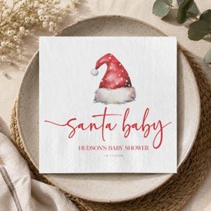 Tovaglioli personalizzati per neonati con Babbo Natale, decorazioni personalizzate per baby shower con cappello di Babbo Natale rosso ad acquerello, bomboniere per feste invernali per bambini, piccolo Babbo Natale dicembre