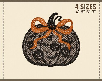 Lace Pumpkin Embroidery Design File – Halloween Machine Embroidery Pattern with Skulls, Bats & Stars, Digital Instant Download