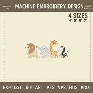 Safari Parade Animal Embroidery Design - Lion, Elephant, Giraffe & Zebra Digital File (4”, 5”, 6”, 7”) - Jungle Nursery Art