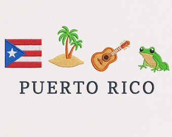 Puerto Rico Machine Embroidery Design, Flag, Palm Tree, Guitar, Coqui Frog, Digital File for T-Shirts, Hoodies, Sweatshirts