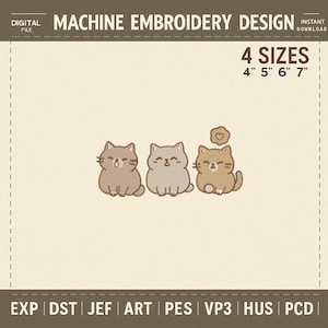 Cute Trio Cats Embroidery Design for Shirts - Adorable Cartoon Kittens Digital Machine File - 4 Sizes Included - Instant Download