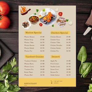 May include: A restaurant menu with a yellow and brown design. The menu lists dishes such as Mutton Special, Chicken Special, Tandoori Cuisine, and Dessert. The menu includes images of the food. The restaurant's contact details are at the bottom.