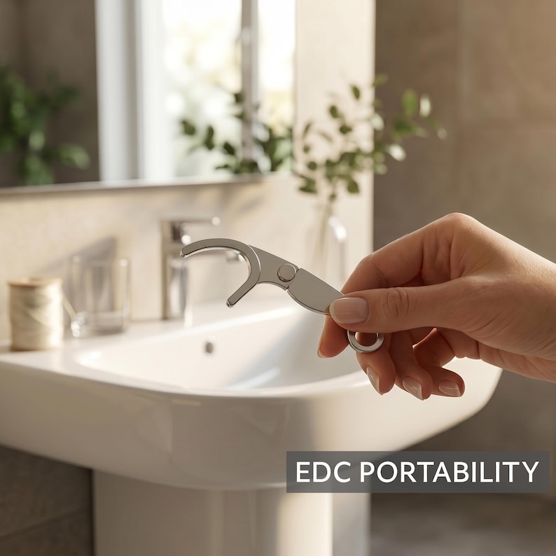 May include: A silver-coloured metal dental pick tool with a curved hook end and a circular ring at the handle base. The tool features a hinged design and is labelled with the text EDC PORTABILITY in the lower right corner of the image.