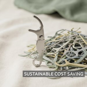 May include: A silver-coloured metal dental floss pick with a circular handle hole and the text SYNERPONICS printed on the side, standing upright next to a pile of various pastel-coloured plastic dental floss picks with the text SUSTAINABLE COST SAVING.