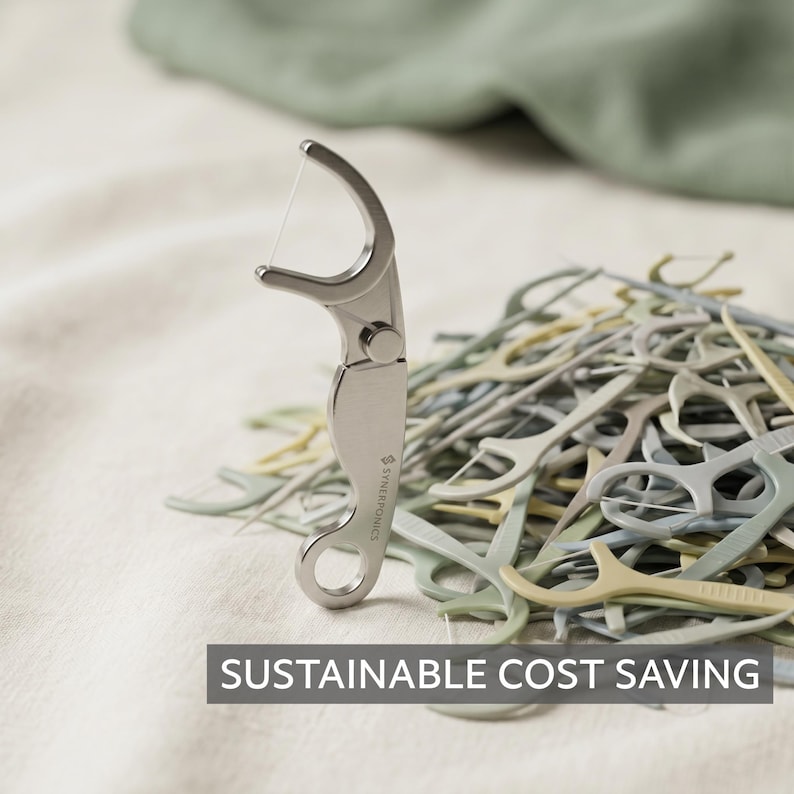 May include: A silver-coloured metal dental floss pick with a circular handle hole and the text SYNERPONICS printed on the side, standing upright next to a pile of various pastel-coloured plastic dental floss picks with the text SUSTAINABLE COST SAVING.