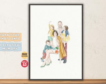Portrait de famille aquarelle personnalisé à partir d'une photo, cadeau de famille personnalisé dessiné à la main