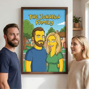 May include: A framed cartoon portrait of a couple with yellow skin, set against a blue sky background. The artwork is in a wooden frame, with the text "THE JOHNSON FAMILY" in yellow letters. A man and woman are standing next to the framed portrait.