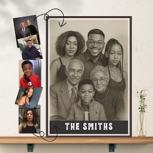 Puede incluir: Un retrato a lápiz enmarcado de una familia, con el texto "THE SMITHS" en la parte inferior. El retrato incluye un grupo de siete personas, con algunas fotos más pequeñas de los miembros de la familia en la esquina superior izquierda. El retrato es en blanco y negro.