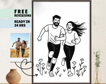 May include: Black and white line art print of a couple running together, surrounded by flowers. The print is in a black frame and includes a smaller photo of the couple. Text on the left says "FREE REVISIONS READY IN 24 HRS."