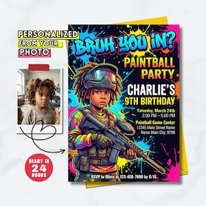Pode incluir: Convite personalizado para festa de paintball com ilustração de criança com arma de paintball. O convite inclui o texto "BRUH YOU IN? PAINTBALL PARTY CHARLIE'S 9TH BIRTHDAY" e detalhes do evento. Inclui também uma foto. Pronto em 24 horas.