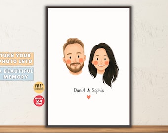 Custom Minimal Cartoon Portrait From Photo, Couple Family and Pet Illustration
