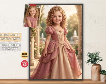Personalized Princess Portrait From Photo, Girl Birthday Gift, Fairytale Wall Art