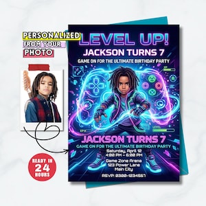 May include: A personalized birthday party invitation with a gaming theme. The invitation features the text "Level Up!" and "Jackson Turns 7." A photo of a child is included. The invitation is ready in 24 hours.