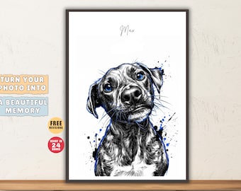 Puede incluir: Una impresión de arte digital enmarcada que presenta un boceto en blanco y negro de un perro con ojos azul brillante y salpicaduras de pintura azul. El nombre Max está escrito en cursiva en la parte superior. La obra está en un marco oscuro.