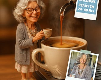 Peut inclure: Illustration fantaisiste d'une personne âgée avec des lunettes tenant une petite tasse à fleurs, à côté d'une tasse à café géante remplie par une machine à expresso. L'image contient le texte « MULTIPLE VERSIONS READY IN 24-48 Hrs ».