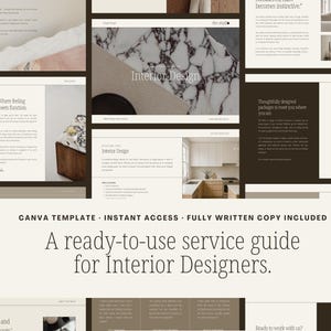 Op de afbeelding: Een servicegids voor interieurontwerpers, met een Canva-sjabloon, directe toegang en volledig geschreven tekst. Het ontwerp bevat afbeeldingen van interieurontwerpprojecten en de tekst "Interior Design".