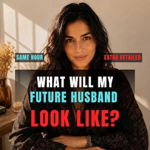 Può includere: Una persona con lunghi capelli scuri e mossi indossa un capo nero a maniche lunghe con motivi. Le scritte sovrapposte recitano: SAME HOUR, EXTRA DETAILED, WHAT WILL MY FUTURE HUSBAND LOOK LIKE? La persona ha un'espressione neutra davanti a una parete chiara.