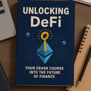 May include: A book titled "UNLOCKING DeFi" with a dark blue cover. The cover features a gold key, a blue Ethereum symbol, and the text "YOUR CRASH COURSE INTO THE FUTURE OF FINANCE". A laptop, keyboard, and notebook are in the background.