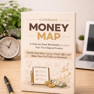 May include: A book titled "MONEY MAP" by Gumroad, with text about launching a digital product. The cover features illustrations of a checklist, coins, and a rocket. A pen and clock are on the wooden surface.