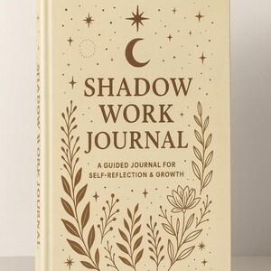 Könnte beinhalten: Ein cremefarbenes Journal mit dem Titel "SHADOW WORK JOURNAL" mit braunen Himmels- und Pflanzenillustrationen. Das Cover zeigt einen Halbmond, Sterne und florale Designs. Der Buchrücken trägt die Aufschrift "SHADOW WORK JOURNAL". Das Journal dient der Selbstreflexion und dem Wachstum.