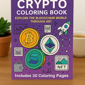 Könnte beinhalten: Ein lila Malbuch mit dem Titel "CRYPTO COLORING BOOK" und dem Slogan "ENTDECKE DIE BLOCKCHAIN-WELT DURCH KUNST". Das Cover zeigt Bitcoin, Ethereum und andere Krypto-Grafiken. Enthält 30 Ausmalseiten.
