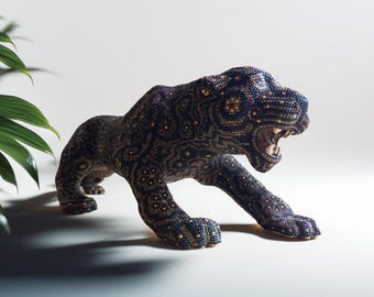 Huichol Midnight Panther – Black Beaded Indigenous Art – Handmade Mexican Jaguar Statue – Peyote, Eagle & Scorpion Symbols