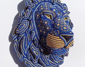 Huichol Beaded Lion Head – Blue and Gold Wall Art – Handmade Mexican Indigenous Art – Glass Bead Spirit Animal – Tribal Home Decor