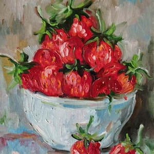 Fraise dans un bol Peinture à l'huile Fraise Baies fraîches Dessert baies Peinture murale Art