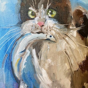 Pintura al óleo de gato y pez. Gato sobre comida. Gato cazador. Arte mural para mascotas.