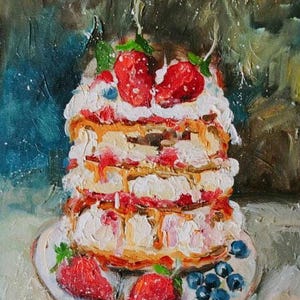 Pastel Postre con crema y frutos rojos frescos Pasteles con crema Pintura al óleo Postre Pintura mural Arte Cocina