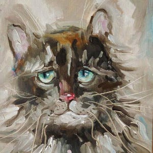 Peinture à l'huile de chat, oeuvre d'art de chat semi-abstraite, décoration murale, peinture à l'huile, cadeau d'oeuvre d'art 7 x 9