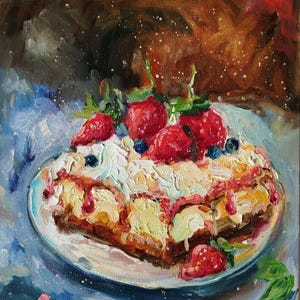 Pastel Postre con crema y frutos rojos frescos Pasteles con crema Pintura al óleo Postre Pintura mural Arte Cocina