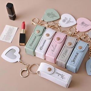 Personalized Lipstick Bag Keychain,Custom Name Anti lost Lipstick Storage Bag,Lipstick Case with Mirror,Bridesmaid Gift,Valentine&#39;s Day Gift