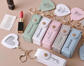 Llavero con bolsa de lápiz labial personalizado, bolsa de almacenamiento de lápiz labial antipérdida con nombre personalizado, estuche de lápiz labial con espejo, regalo de dama de honor, regalo del día de San Valentín