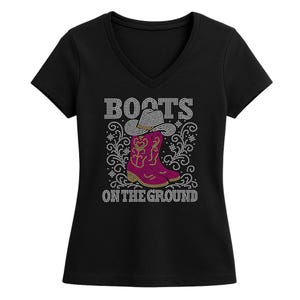 Boots on the Ground Rhinestone  T-Shirt – Western Cowgirl Bling Shirt|Rhinestone | V neck | crew neck