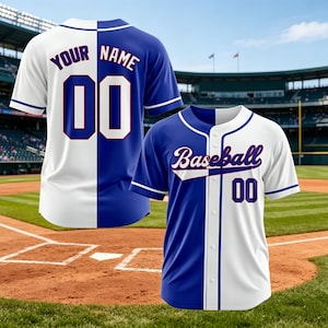 May include: Two baseball jerseys, one white and blue, the other white and blue. The first jersey has "YOUR NAME" and "00" on the back. The second jersey has "Baseball" and "00" on the front. Both jerseys are on a baseball field.