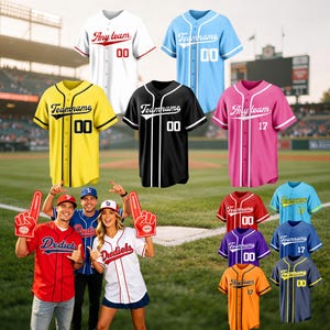 May include: A collection of baseball jerseys in various colors, including white, blue, yellow, black, and pink. Each jersey features team names and numbers. People are wearing jerseys and holding foam fingers.