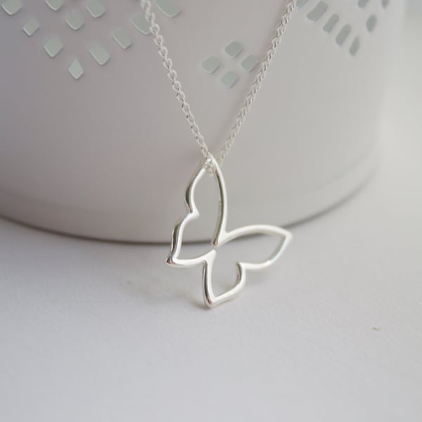 Butterfly necklace, sterling silver butterfly necklace, silver butterfly, simple butterfly necklace, modern butterfly, open butterfly