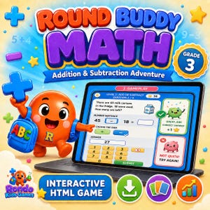以下が含まれることがあります： 小学3年生向けのデジタル教育ゲーム「Round Buddy Math Addition & Subtraction Adventure」。画面には牛乳パックの算数問題、テンキー、青いバックパックを背負いプラス記号を持ったオレンジ色のキャラクターが表示されています。