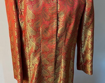 Artisan Made Red Silk Damask Jacquard Long Coat Unisex Medium Large