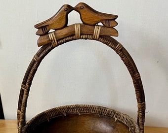 Vintage Indonesia Wood Basket Kissing Birds Handle