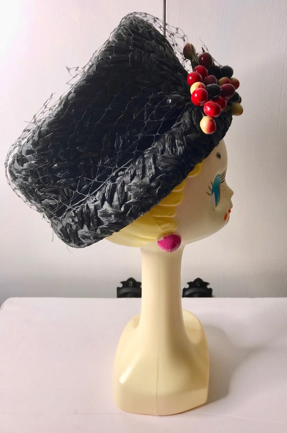 Vintage Black Rafia Pillbox Straw Hat with Cherri… - image 8