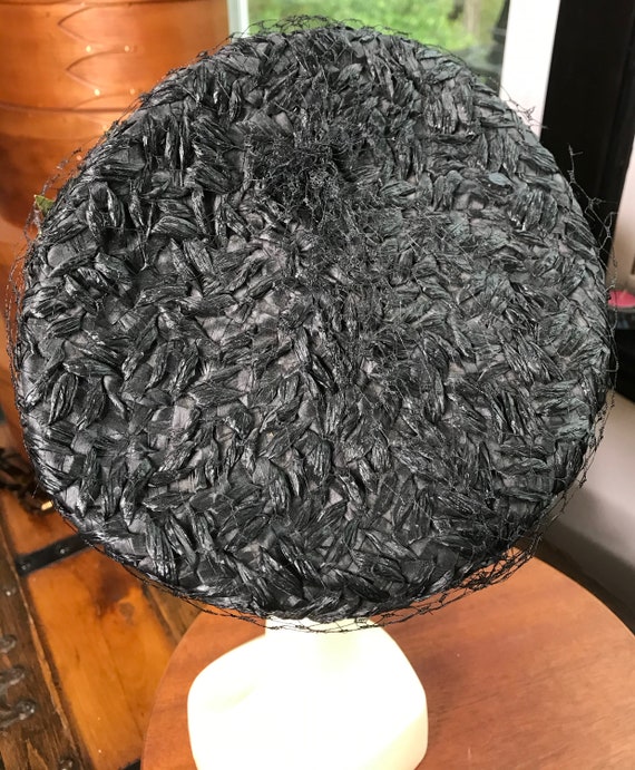 Vintage Black Rafia Pillbox Straw Hat with Cherri… - image 3