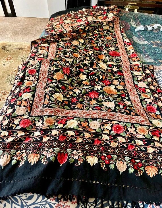 Large Black Kashmir Wool Shawl Floral Crewel Embr… - image 3