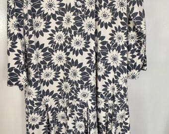 Kiraku Ivory Cotton Dress Indigo Floral Pattern US Medium