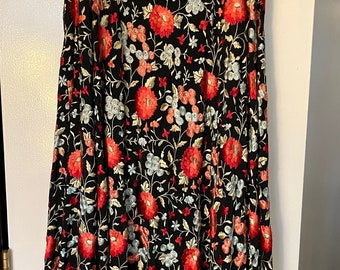 Vintage Maxi Skirt Black Silk Floral Embroidery Medium