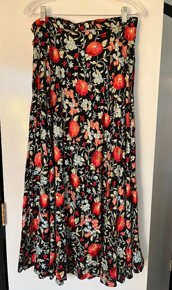 Vintage Maxi Skirt Black Silk Floral Embroidery Me