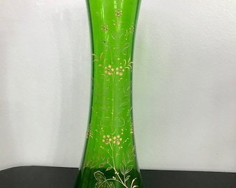 Green Glass Painted Bud Vase
