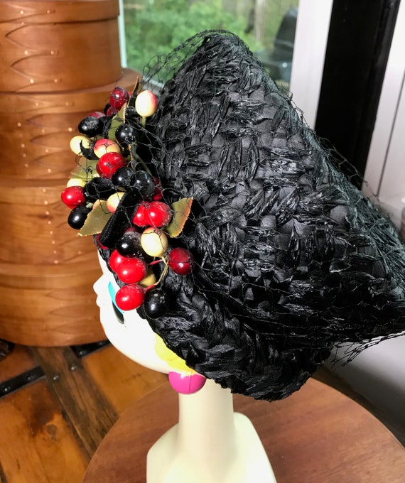 Vintage Black Rafia Pillbox Straw Hat with Cherri… - image 2